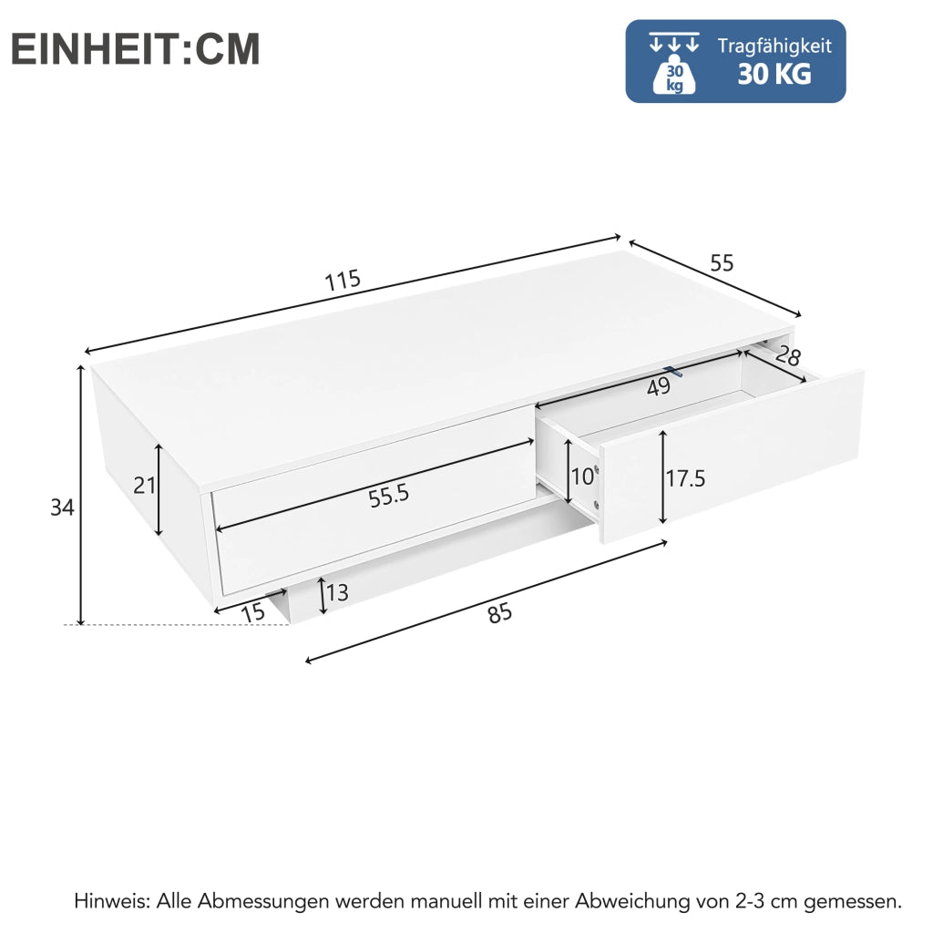 Tavolino da salotto moderno bianco lucido 115 x 55 x 34 cm con 2 cassetti, illuminazione LED e portata 30 kg