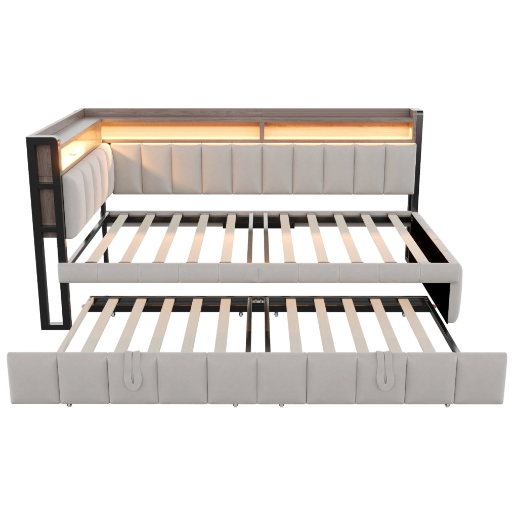 Divano letto 90x200 cm con letto estraibile, LED, USB e vani portaoggetti