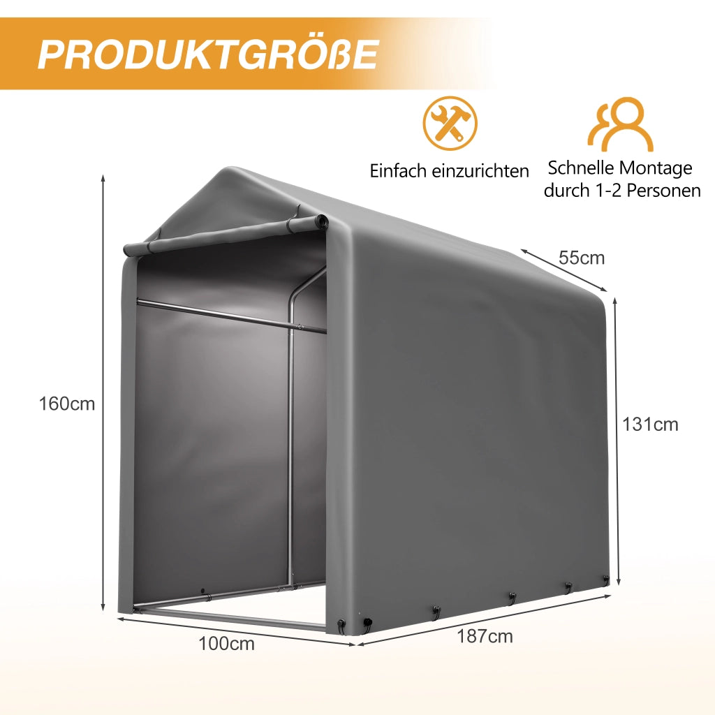 Garage per bici 187x100x160 cm con struttura in acciaio verniciato nero e telo PE impermeabile grigio scuro