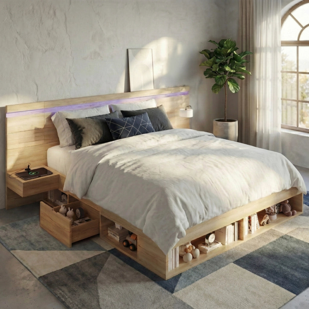 Letto Contenitore 180x200 cm; Letto Matrimoniale; USB; Type-C; LED e 2 Comodini