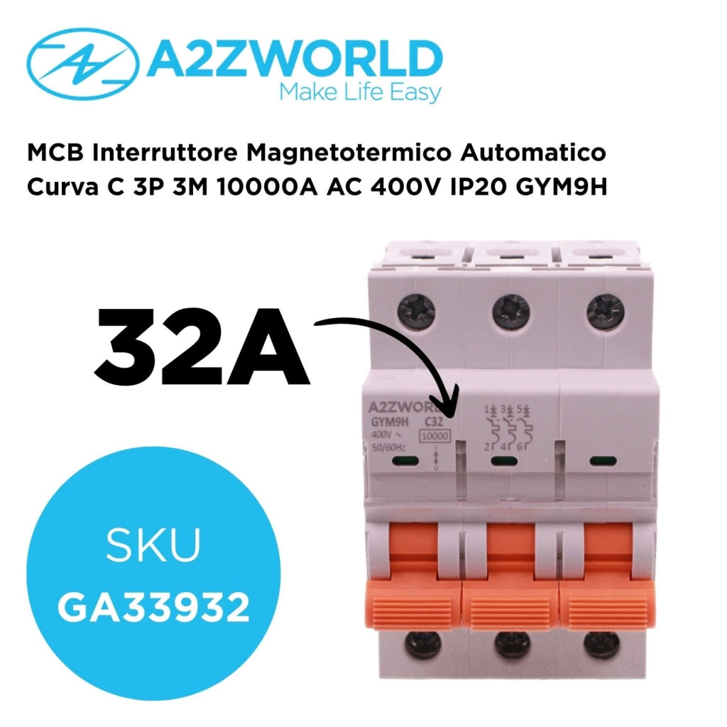 MCB Interruttore Magnetotermico Automatico Curva C 3P 3M 10000A AC 400V IP20 GYM9H, Accoppiabile Con Bobina di Sgancio GA01231 GA01232, Disponibili 16A 20A 25A 32A 40A 63A (C32A)
