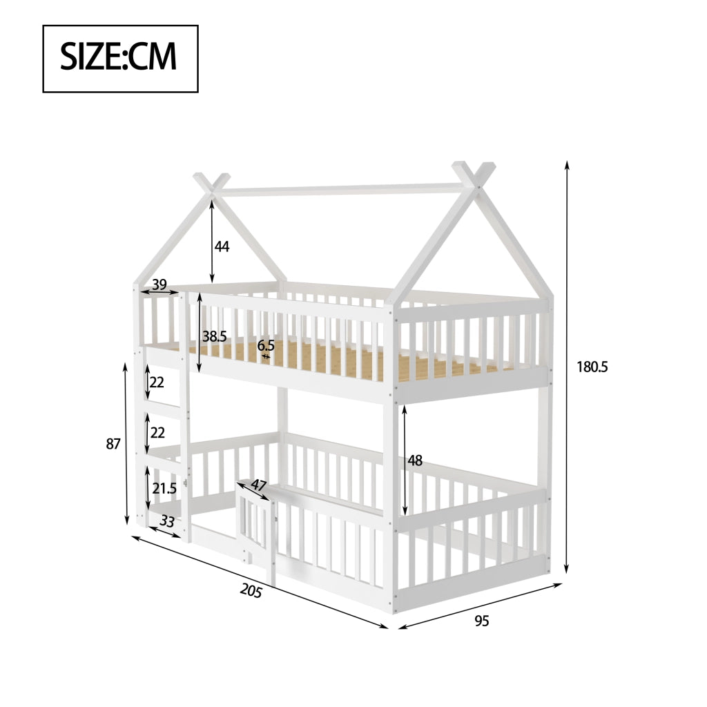 Letto a castello per bambini - Zephmum- 90x200, design loft, struttura in legno massello, bianco