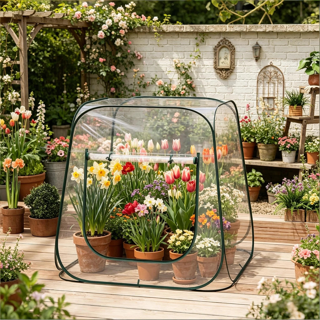 Mini serra pop-up trasparente in PVC e metallo con apertura a zip, 100 x 100 x 97 cm