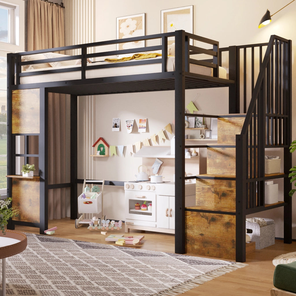 LETTO a soppalco 90x200 cm in metallo e MDF nero con scala contenitore