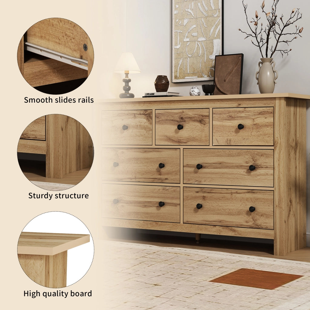 Credenza con 7 cassetti e piedino centrale regolabile - per cucina e soggiorno - 152x40x89 cm - color legno