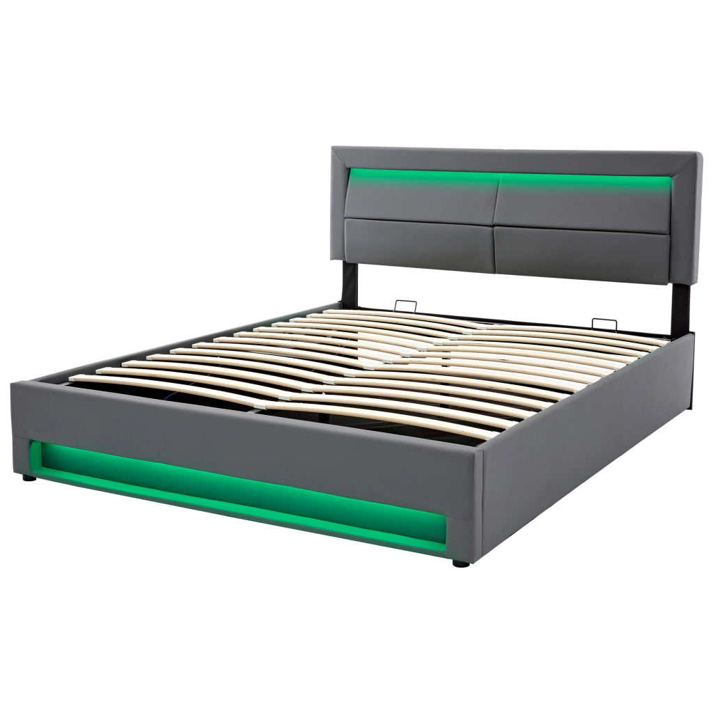 Letto imbottito 140x190 cm in PU grigio con USB, LED e contenitore