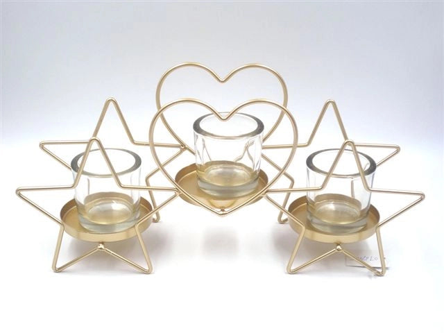 Candeliere Portacandele in Metallo Oro Forma Stella e Cuore 25 cm