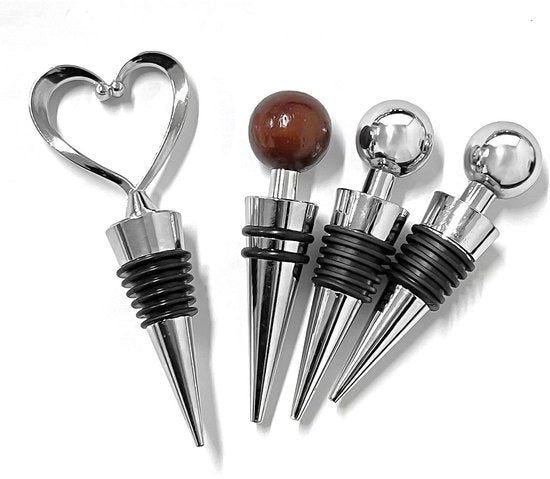 Stopper Set di 4 pezzi - Flessenstop - Stopper di Vino - Forma a Cuore/Arrotondato/Rosa a Sfera - Materiale di Alta Qualità/Kunststoffo/Alluminio - Conserva il Vino Fresco - Flessenstopper