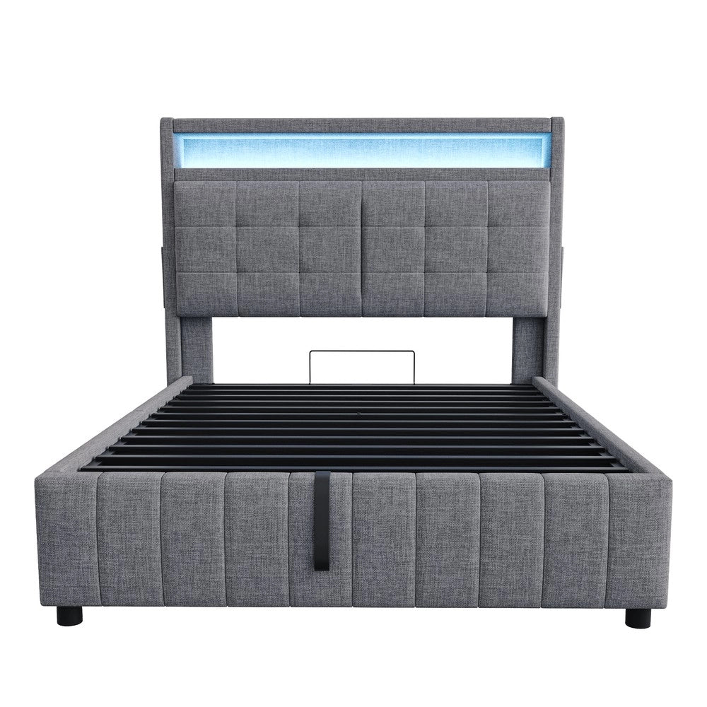 Letto Imbottito Contenitore 140x200 con LED ¨C Xylo ¨C Tessuto Grigio, Idraulico, Rete a Doghe