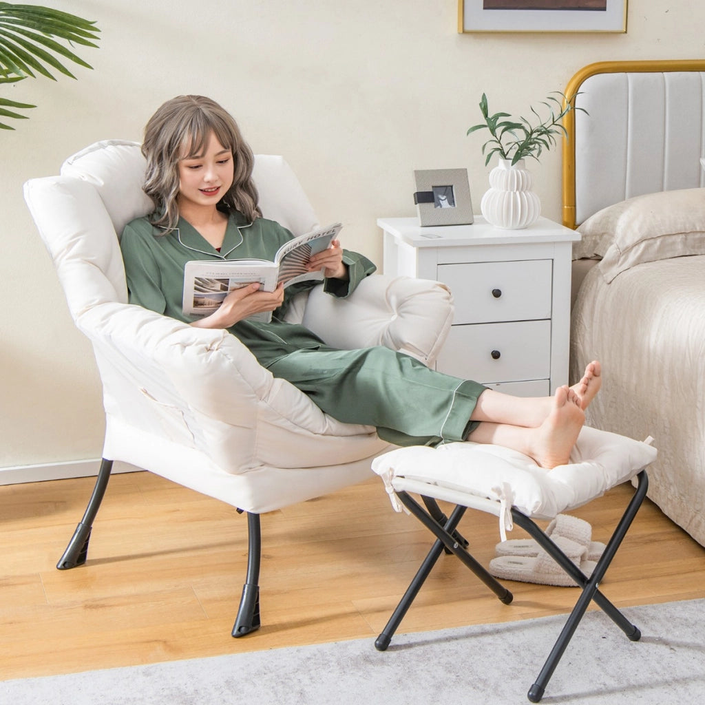 Poltrona pigra con cuscino braccioli tasca laterale poggiapiedi, Poltrona da lettura moderna Beige-Sedie e poltrone