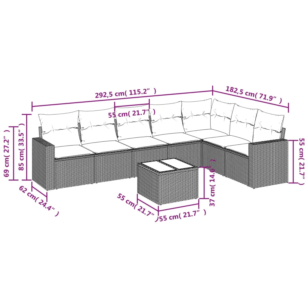 Set Divano da Giardino 8 pz con Cuscini Beige in Polyrattan