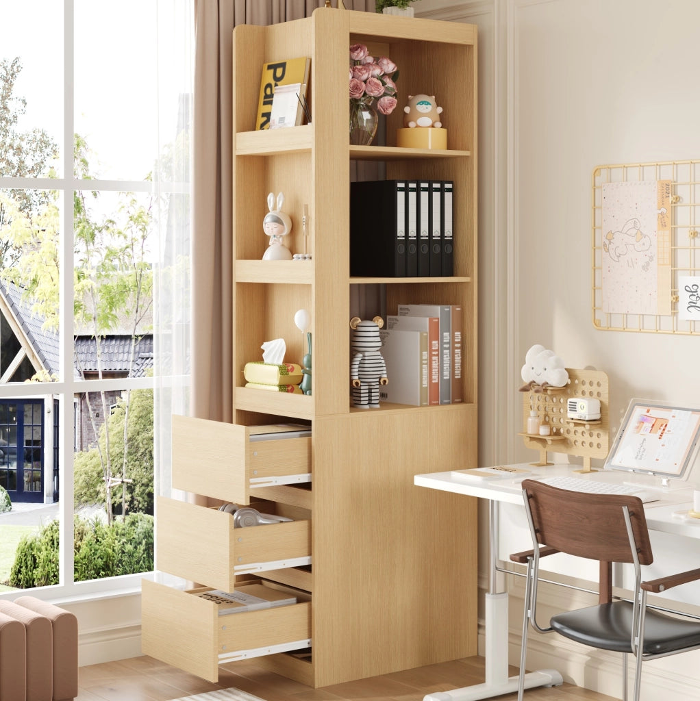 Libreria stretta alta 200 cm con 3 ripiani aperti e 3 cassetti; rovere
