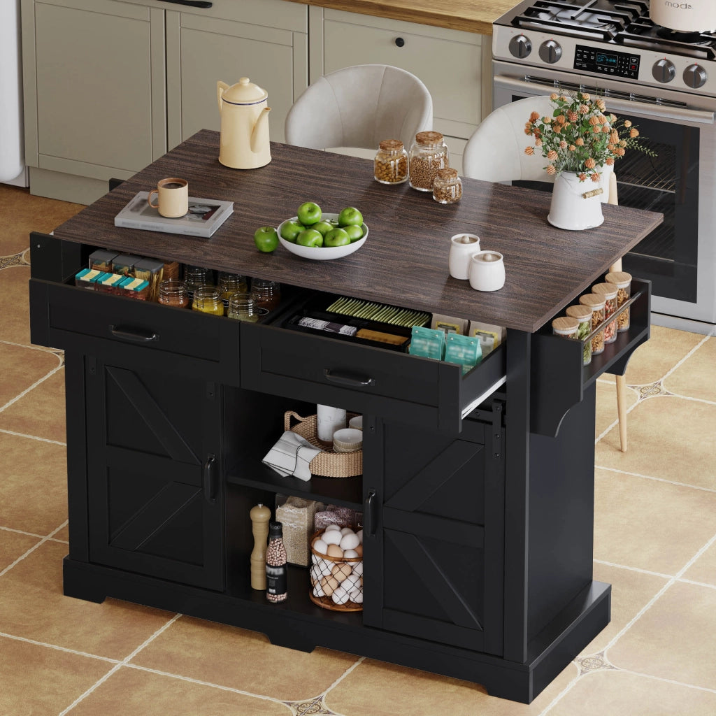 Isola cucina pieghevole - Zephmum- 120¡Á45(70)¡Á91 cm, nero, stile fienile con ante scorrevoli e cassetti
