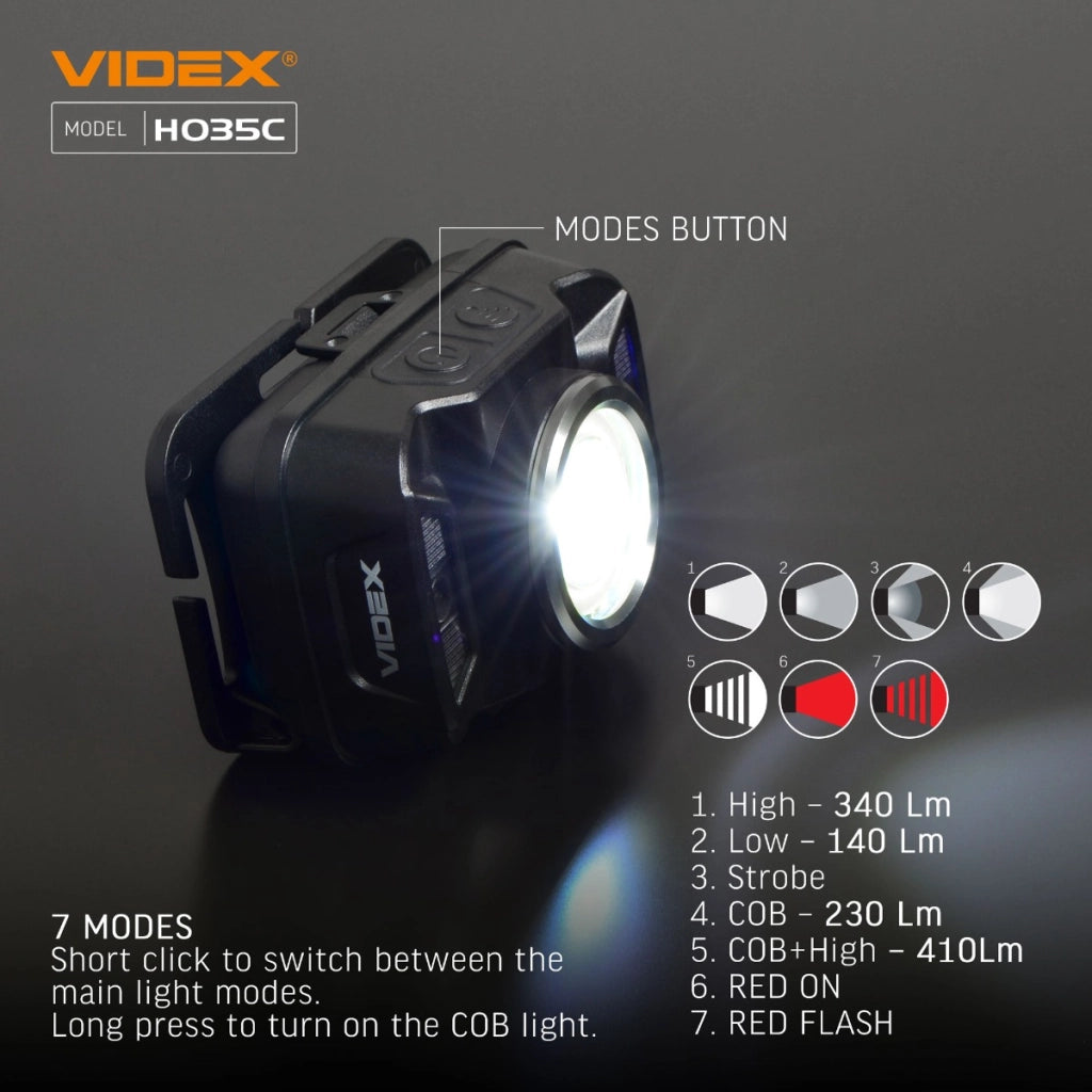 Lampada frontale Videx VLF-H035C 410lm 23h IP65 USB-C