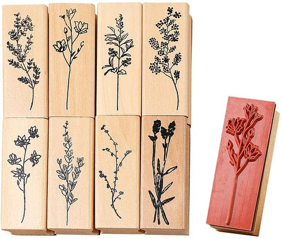 Set di timbri in legno da 8 pezzi - motivi floreali - accessori per la creatività - riutilizzabili - adatto per album di appunti