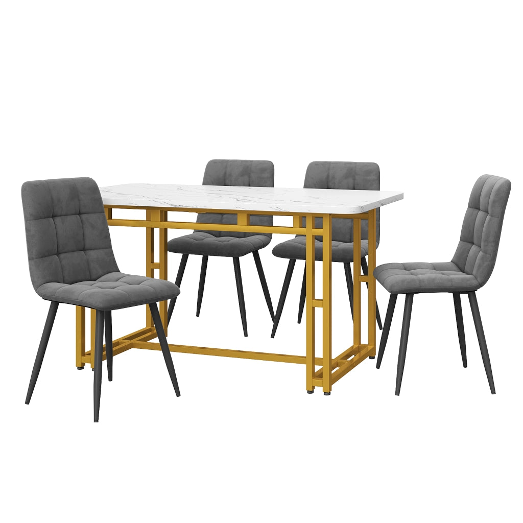 Set Tavolo da Pranzo con 4 Sedie ¨C Xylo ¨C Piano Dorato, Gambe Metallo, Seduta Velluto Grigio Scuro, 120x70