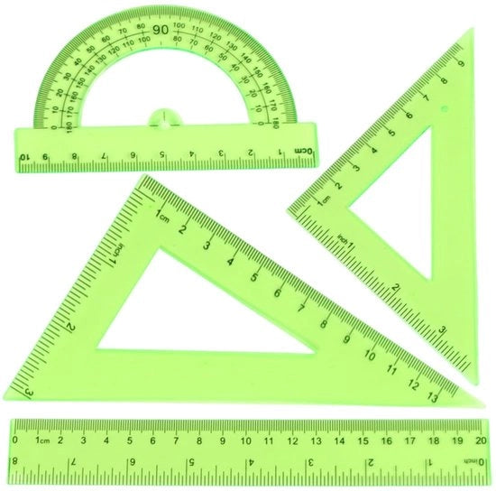 Set di disegno 4 pezzi - Geometria/tecnica di disegno - Righello/triangolo righello - Clessidra/compasso - Materiale di alta qualità in plastica - Facile da riporre - Materiale di disegno