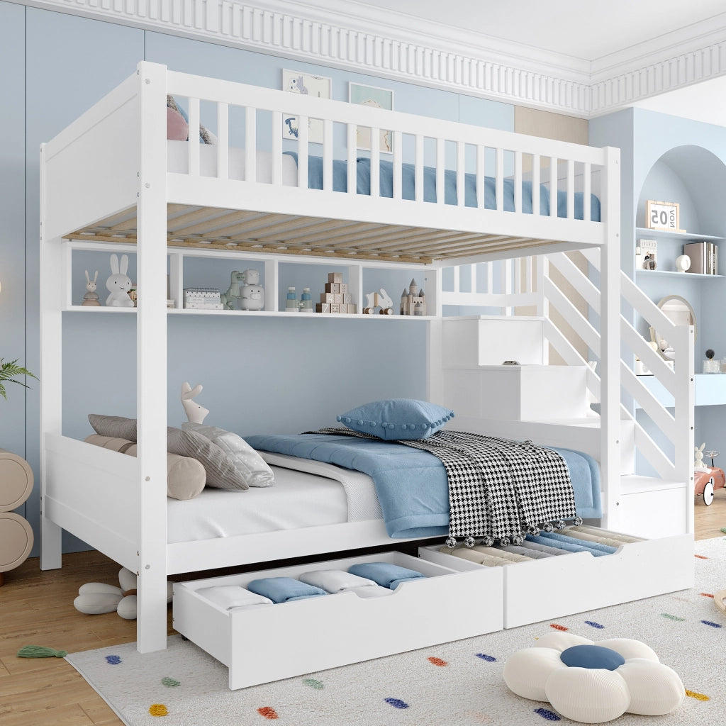 LETTO a castello 90x200 cm Bianco con armadio, cassetti e scaffali
