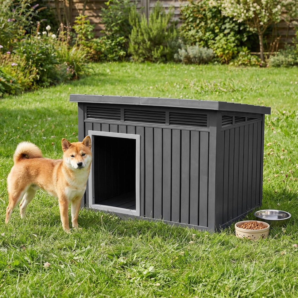 Cuccia per cani e gatti con tetto inclinato apribile finestre ventilate a lamelle e soglia rialzata, Cassetta per animali domestici in pp