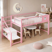 DESMIU Letto a soppalco bambino 90 × 200 cm con scala contenitore, senza materasso, in metallo, rosa