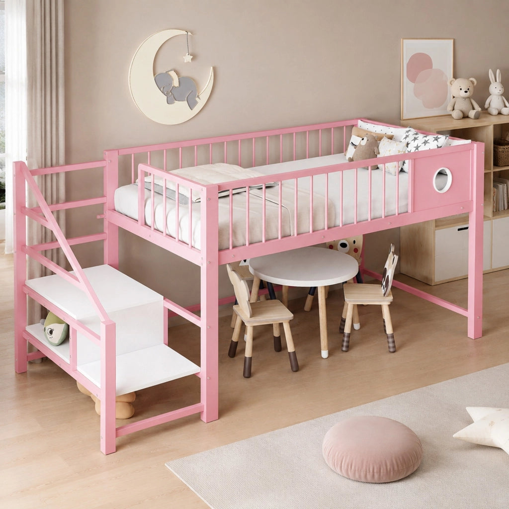 DESMIU Letto a soppalco bambino 90 × 200 cm con scala contenitore, senza materasso, in metallo, rosa