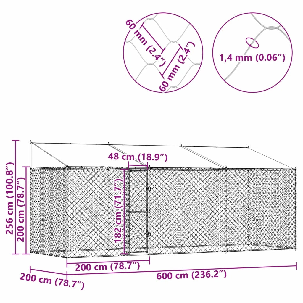 Gabbia per Cani con Tetto Argento 600 x 200 x 256 cm 3368302