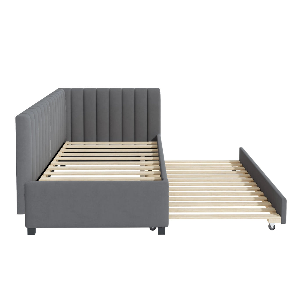 Letto estraibile singolo 90×200 cm con rete e struttura imbottita in velluto; senza materasso; grigio