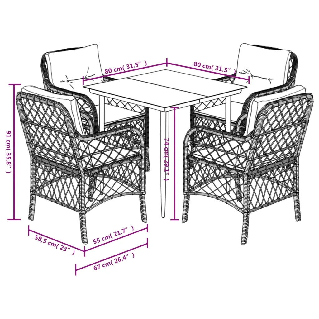 Set da Pranzo da Giardino 5 pz Nero con Cuscini in Polyrattan