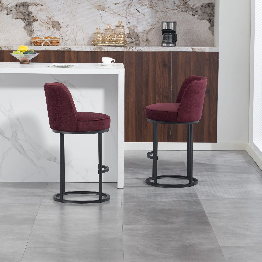 Sgabello da Bar con Schienale Ergonomico e Poggiapiedi, Struttura in Metallo, in Lino Rosso Vino