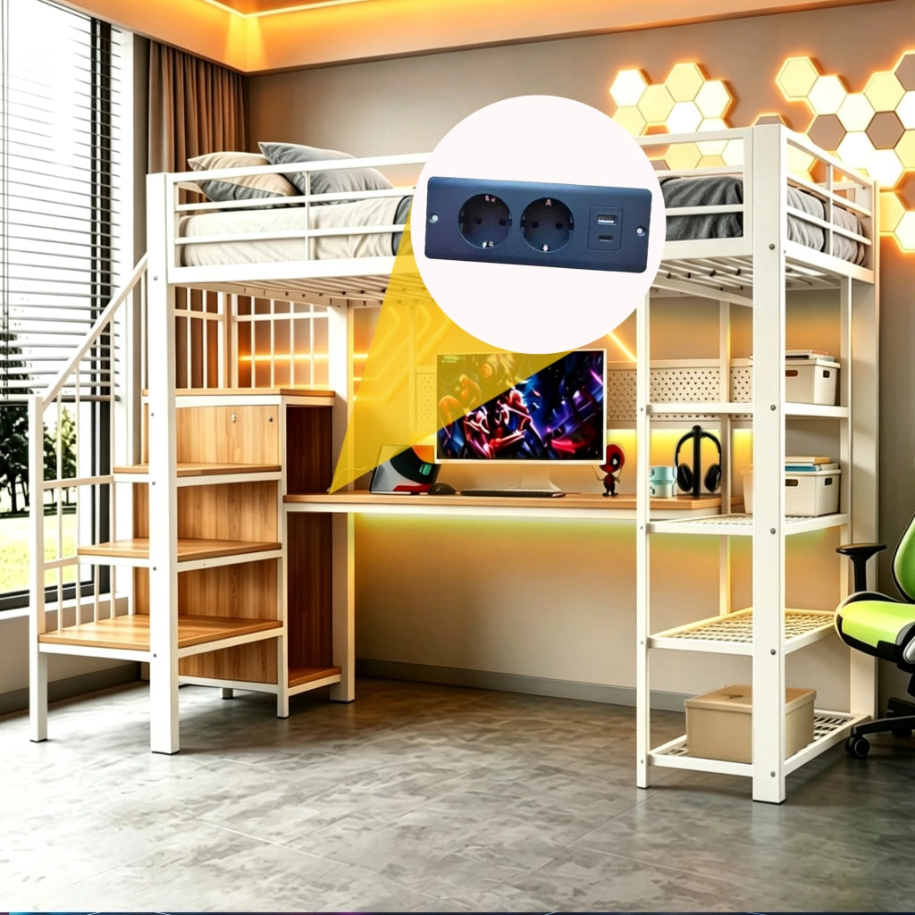 DESMIU Lit soppalco 90 × 200 cm 1 posto con scala contenitore, LED, prese, ripiani, senza materasso, in metallo e legno, bianco