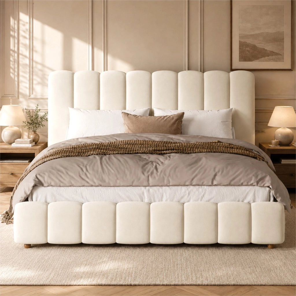 Letto matrimoniale 160 x 200 cm, testiera imbottita, vano portaoggetti, rivestimento in velluto, color beige