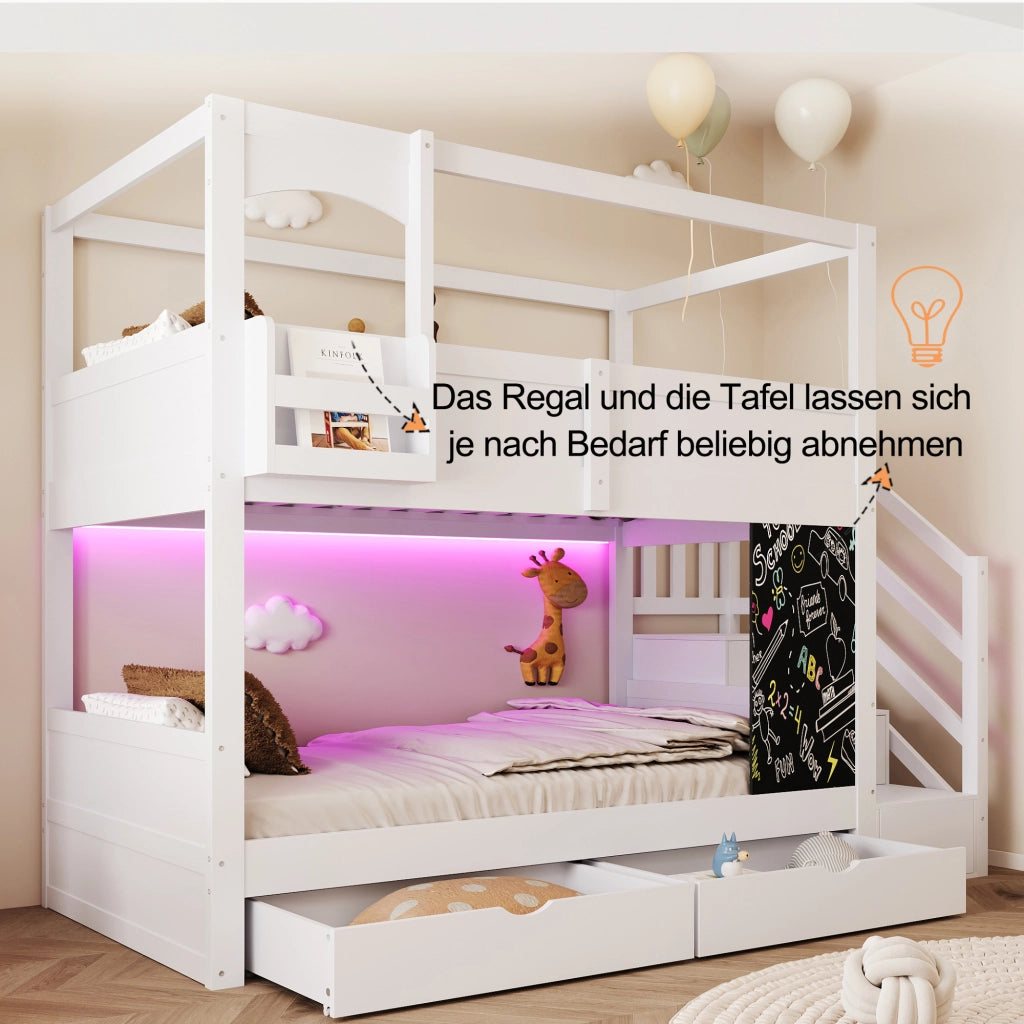Letto a castello per bambini 90 × 200 cm con lavagna, scala contenitore e 2 cassetti, senza materasso, bianco