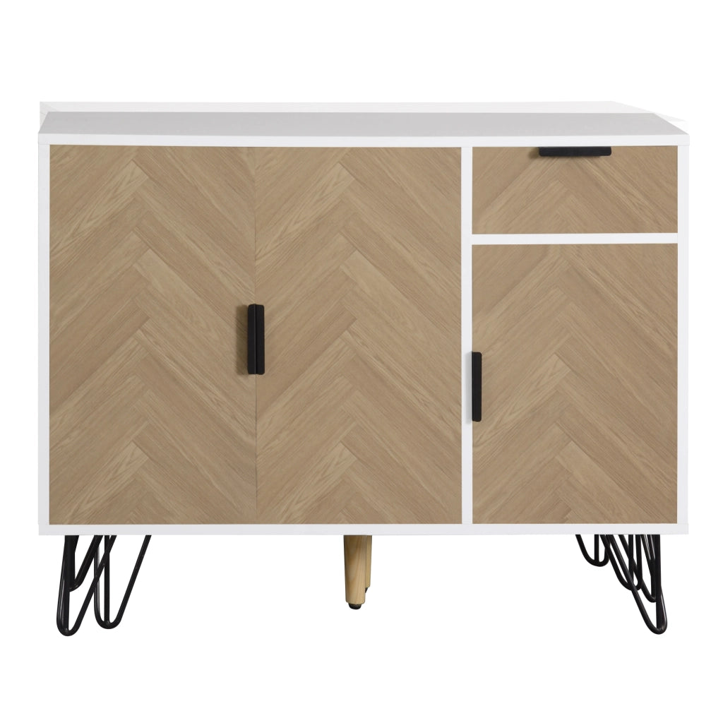 OKWISH Credenza Contenitore con 3 Ante e 1 Cassetto, Ripiani Regolabili, per Soggiorno Ingresso Camera, MDF, Bianco e Legno, 90 x 30 x 71,5 cm