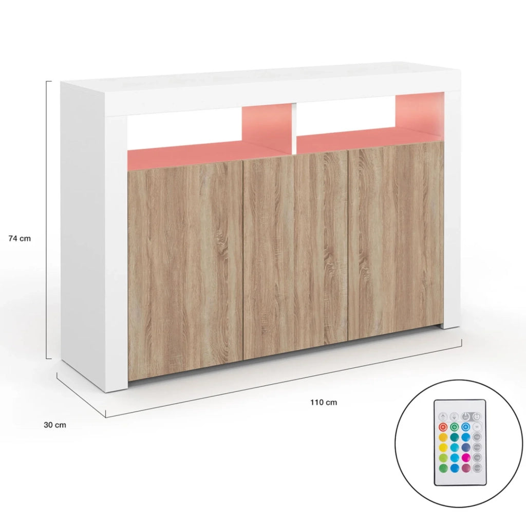 IDMarket - 110 cm ELIGHT Credenza a 3 ante con luce LED e nicchie in legno bianco ed effetto faggio