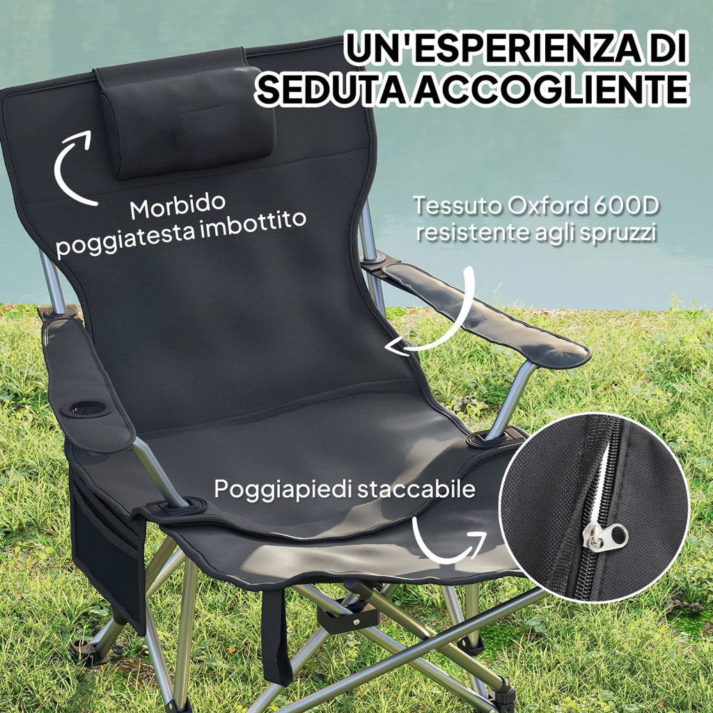 Sedia da Campeggio Pieghevole e Reclinabile con Accessori Nero