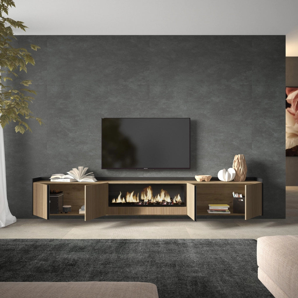Mobile TV Soggiorno, 315x50x35 cm, Per TV fino a 80", Camino elettrico XXL, Sospeso, da appendere, Rovere e nero