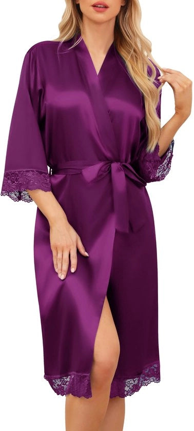 Badjas Unisex Zijde Kimono Bruid V-hals Kamerjas Spa Thuis e Hotel, Blu Scuro, XL