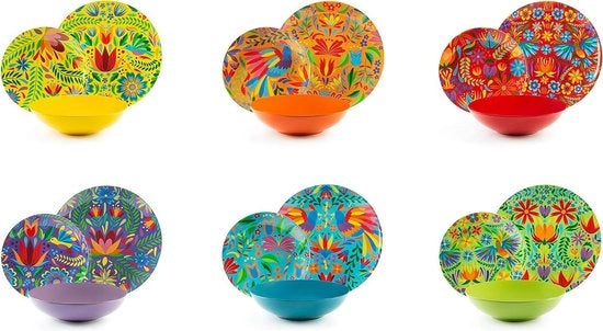 Servizio da tavola a 6 persone in ceramica e porcellana con disegni floreali multicolori, 18 pezzi