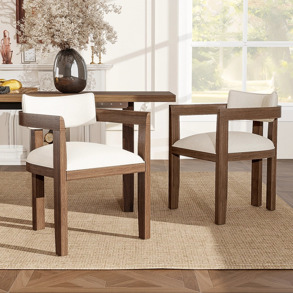 Set da 6 sedie da pranzo in legno massiccio con braccioli, rivestimento in lino, colore noce