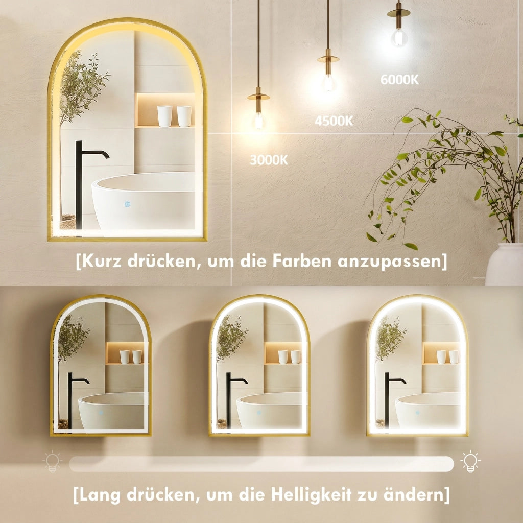 Armadietto a specchio LED bagno ¨C Xylo ¨C Porta ad arco anti-appannamento dorato 50x70cm