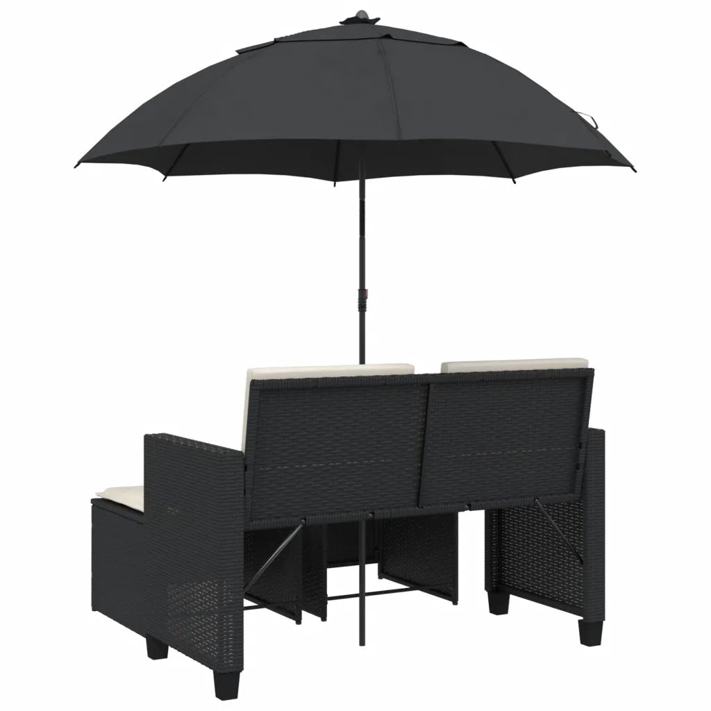 Divano Giardino 2 Posti Ombrellone e Sgabelli Nero Polyrattan 365882