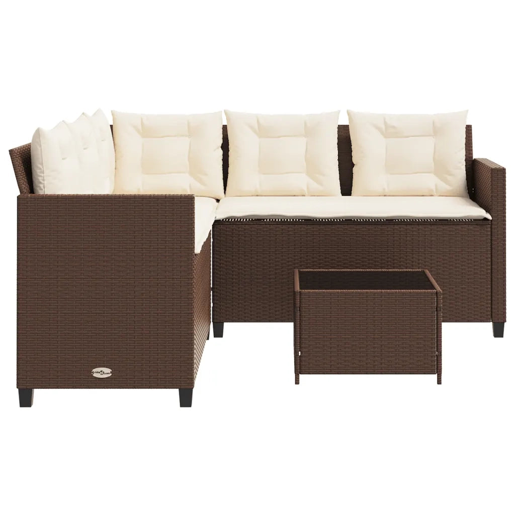 Divano da Giardino con Tavolo e Cuscini a L Marrone Polyrattan 369040