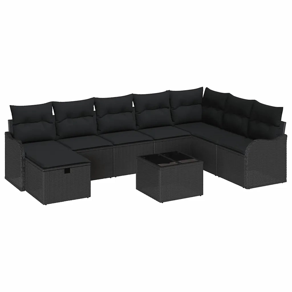 Set Divano da Giardino con cuscino 9 pcs Nero Poly Rattan