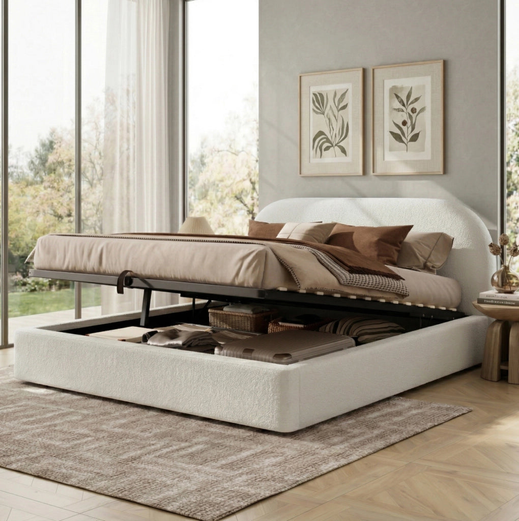 Letto imbottito con rete in bouclé beige