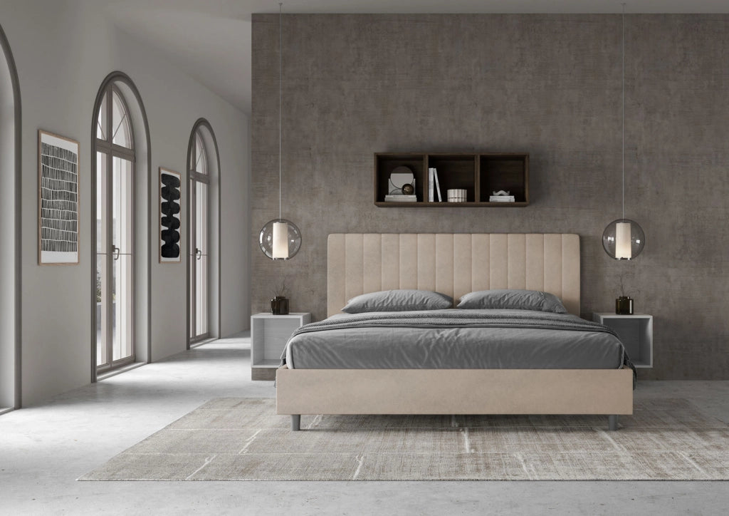 BS COM Letto matrimoniale king size contenitore imbottito 180x210 microfibra sabbia