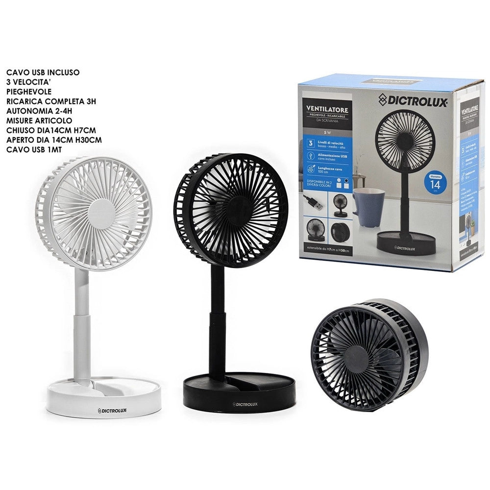Trade Shop - Ventilatore Da Scrivania Pieghevole Ricaricabile Usb 5 Watt 3 Velocità Altezza Regolabile -