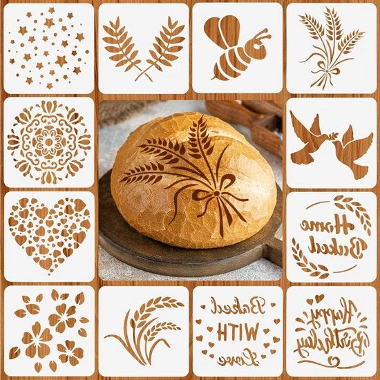 Set di 12 stencil per biscotti, torte, caffè e torte decorate con motivi - 15 x 15 cm.