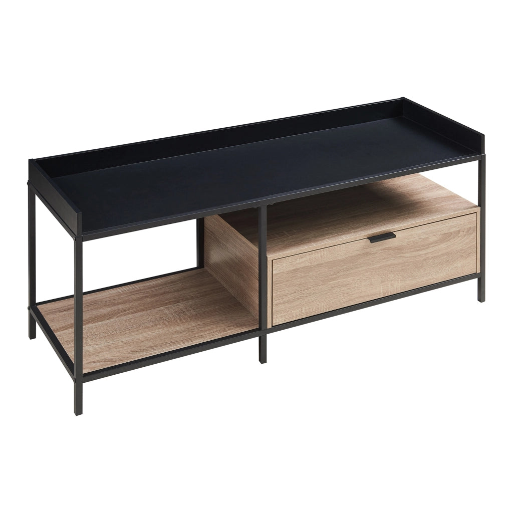 Mobile Porta TV Belana con Cassetto e 2 Scomparti Aperti 120 x 40 x 54 cm - Nero/Effetto Rovere [en.casa]