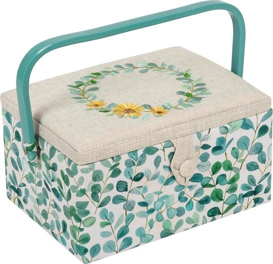 Cassetto di archiviazione medio per ago, contenitore per accessori, cuscino per spilli, sacchetto, maniglia in PVC, coperchio ricamato, eucalipto, 18,5 x 25,5 x 14,5 cm