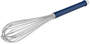 Tasca in garde di acciaio inossidabile, 45 cm di lunghezza, manico in plastica blu e occhiello di appoggio, con 16 anelli.